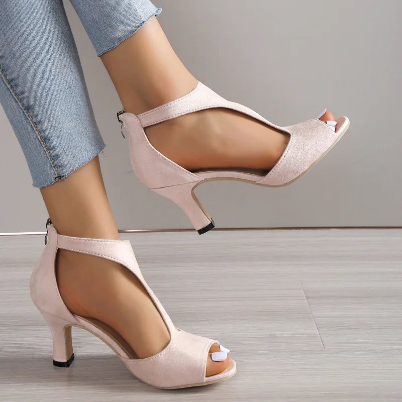 2024 Summer New Brushed Leather Fish Mouth Sandals Women's Back Zipper Sexy Solid Color Comfortable High Heel Single Shoes Women