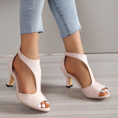 2024 Summer New Brushed Leather Fish Mouth Sandals Women's Back Zipper Sexy Solid Color Comfortable High Heel Single Shoes Women